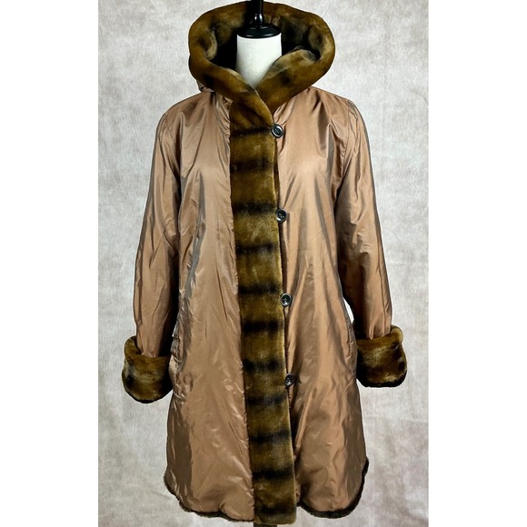 Dennis Basso Reversible Hooded Faux Fur & Nylon Trench Coat Women's Size L - Picture 6 of 7